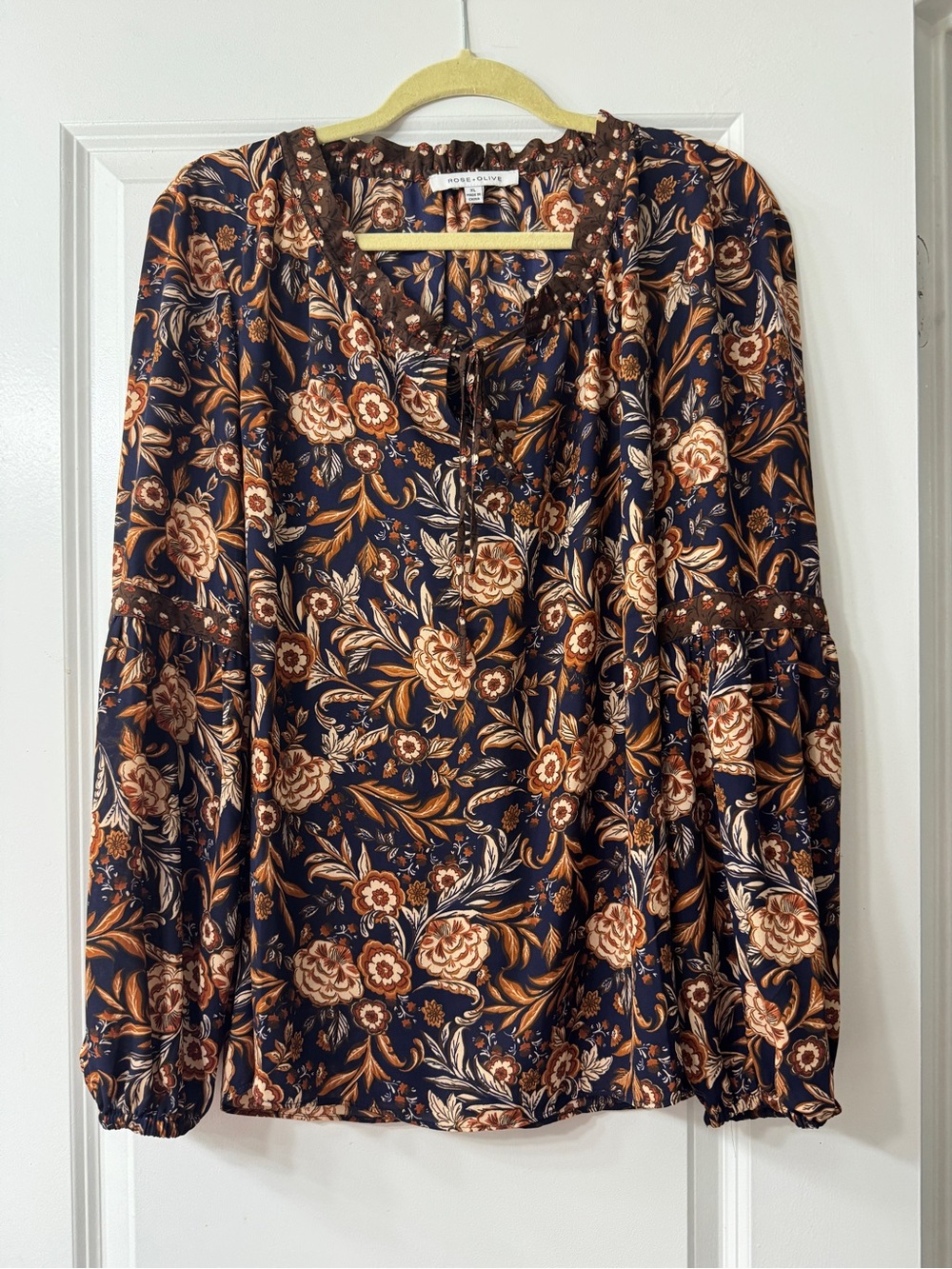 Rose & Olive Navy Floral Peasant Blouse with Brown Accents